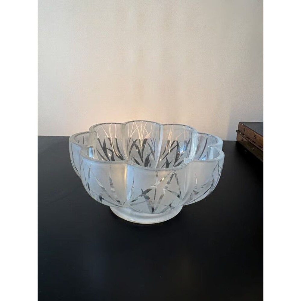 Frosted Satin Glass Bowl Petal Rim Etched Leaf Panels Art Deco Centerpiece